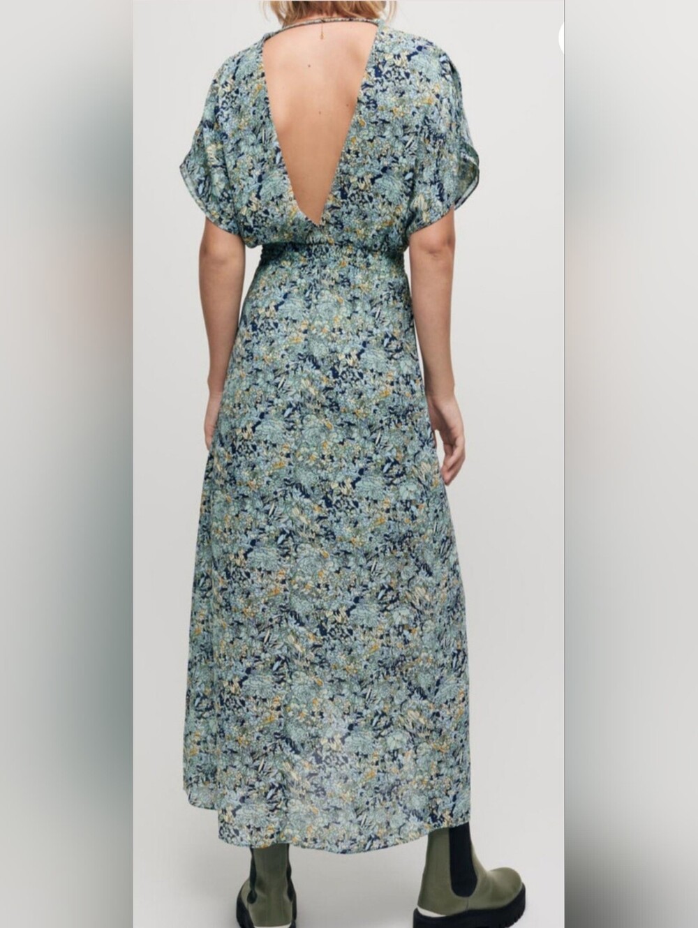 Maje Dress, NEW! Size Large (40FR), Blue Floral Print, Handkerchief Hem - Picture 9 of 16
